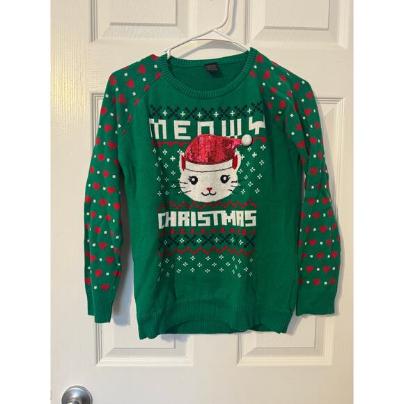 Mewy Christmas Festive Cat Holiday Sweater Girls Sz: XL 14-16 - Picture 1 of 3